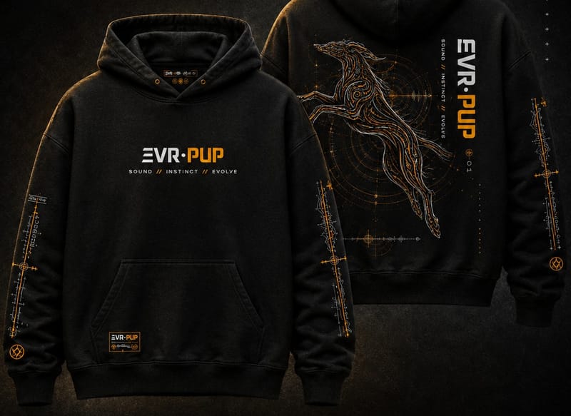 Capsule 001 design render: oversized hoodie, front and back, sighthound print on the back