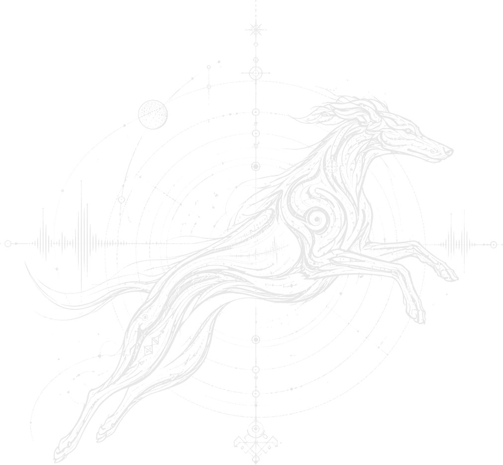 The EVRPUP sighthound in full leap, drawn in fine lines over radar rings and a sound waveform